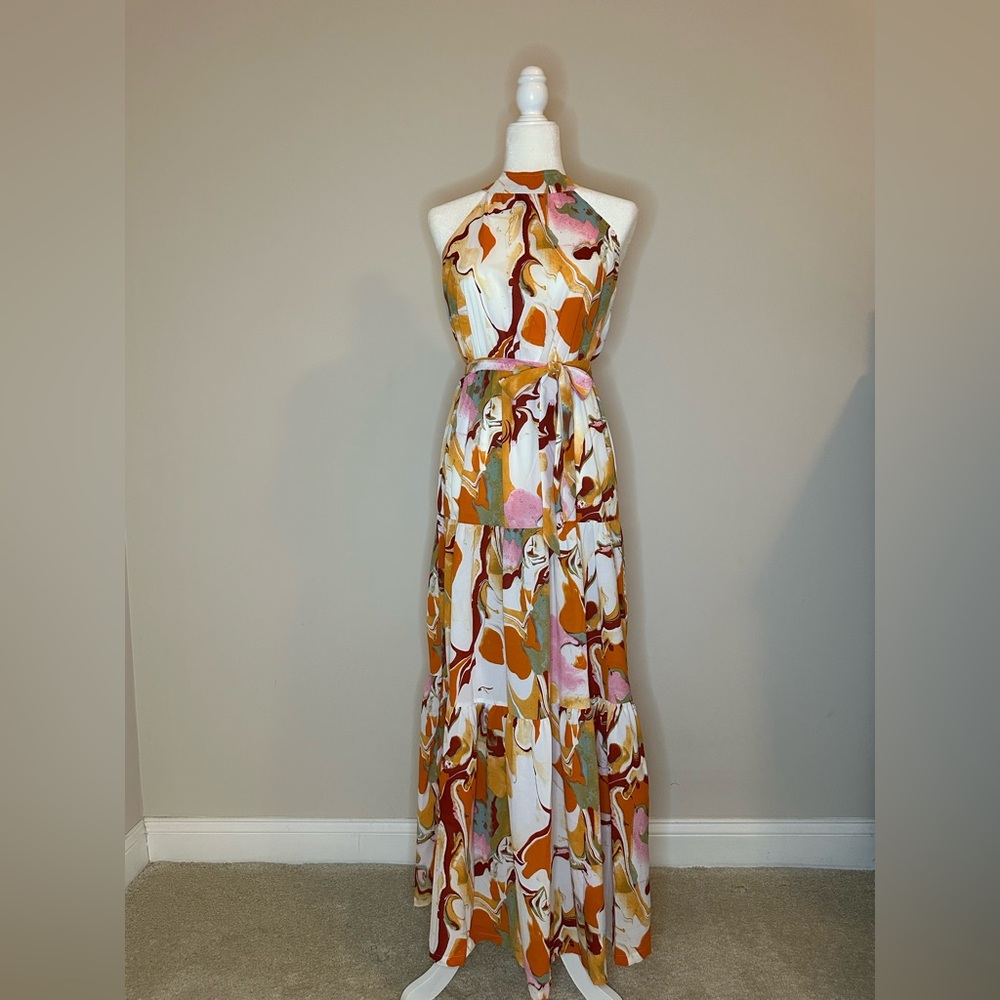 Halter Maxi Dress in White with Pink & Mustard Abstract Print